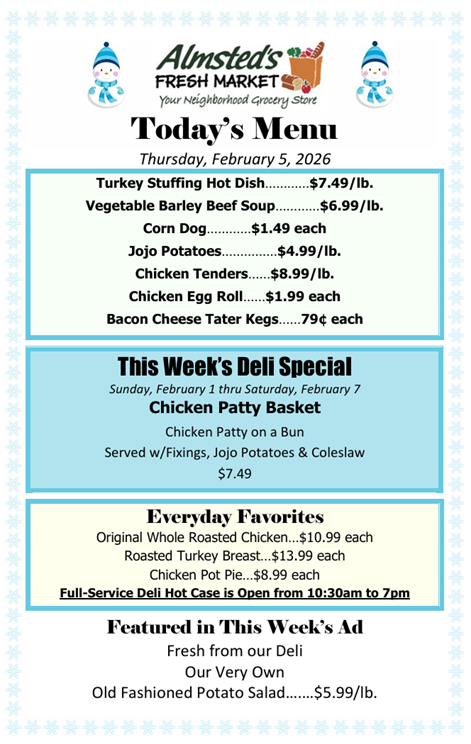 Do you like to stop by on Thursdays for turkey stuffing hot dish?

#deli #lunch #dinner #takeout 
#almstedsmarket #almsteds