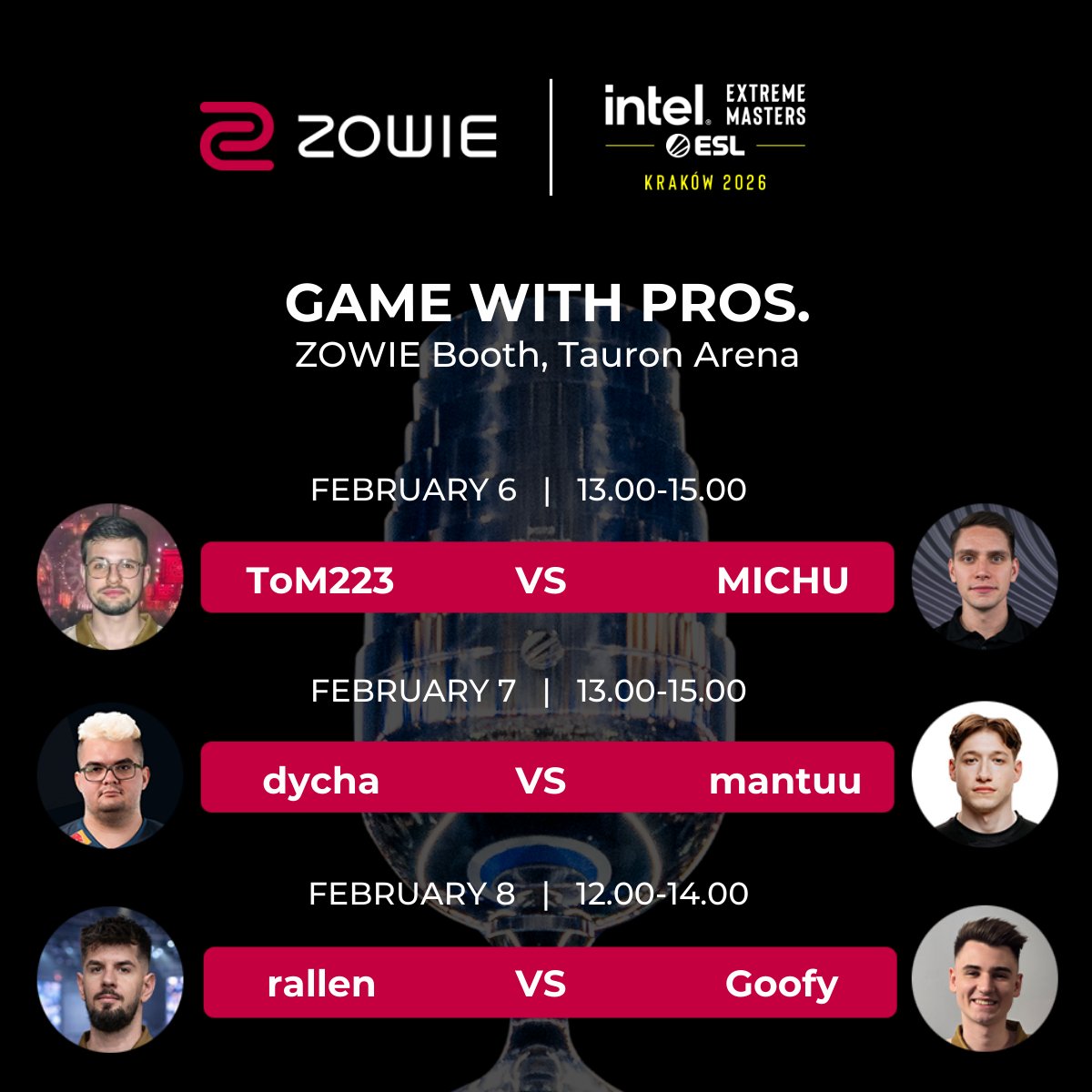 ZOWIE_EU's tweet photo. Counting down to the Playoffs. ⏳

At #IEMKrakow, the stage comes to the booth. Fans can team up with invited pros for a 3v3 match at the ZOWIE Booth.

See you in the arena this Friday. 🔥

#ZOWIEOfficialMonitor
#ZOWIEProductExperience https://t.co/1rRdDzSrDl