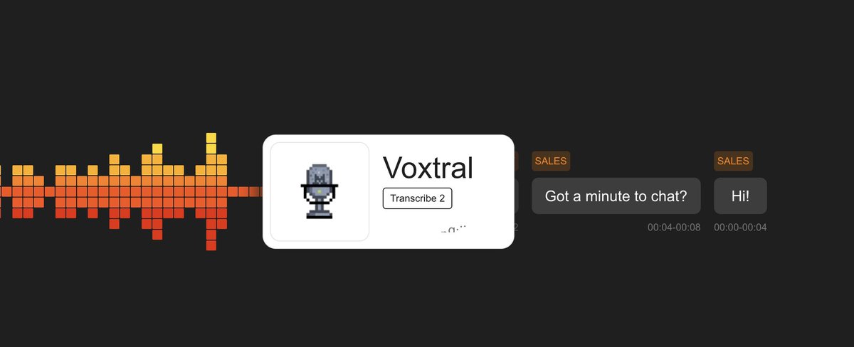 ArjunPatel89's tweet photo. Voxtral Transcribe 2 is here and it’s a beast 🐉 for audio! Real time transcription, smarter diarization, long context understanding and multilingual magic in one open weight package from @MistralAI. 
#Voxtral #Transcribe2 #MistralAI #SpeechAI #AITranscription #OpenSourceAI https://t.co/QIo4z52kWe