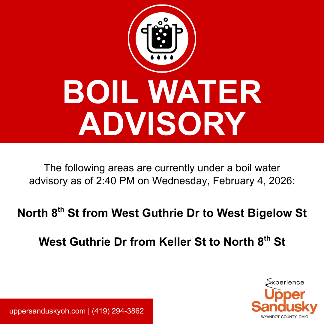 uppersanduskyoh's tweet photo. BOIL WATER ADVISORY (Active – 2:40 PM, Feb. 4, 2026)

▪ North 8th St from West Guthrie Dr to West Bigelow St
▪ West Guthrie Dr from Keller St to North 8th St

Affected residents have been notified door to door.

#UpperSandusky #ExperienceUS https://t.co/EFgUaLbexa
