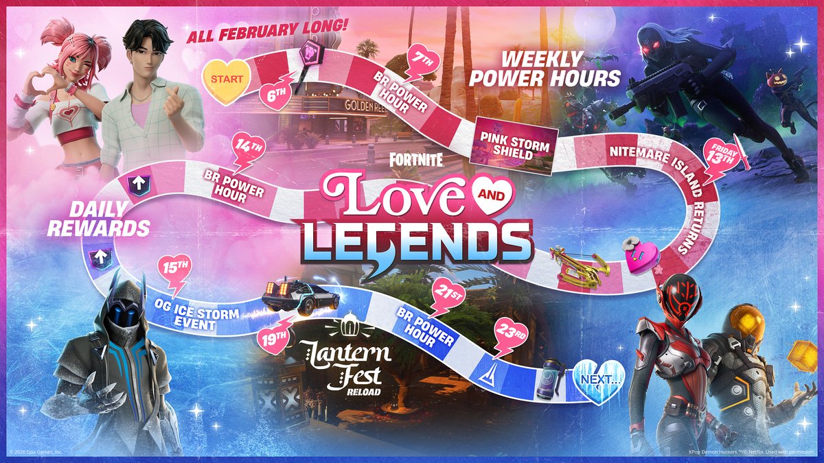 Fortnite's tweet image. Play Love and Legends starting February 5 &amp;lt;3