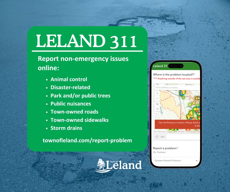 Leland 311 makes it easy to report non-emergency issues around your neighborhood and around Town, including roads and sidewalks, animal control, parks, storm drains, and zoning. Submit your request online anytime 👉 townofleland.com/report-problem #LelandNC