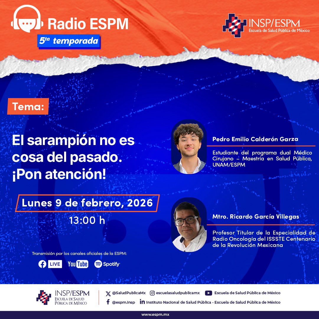 SaludPublicaMx's tweet photo. El sarampión sigue circulando en México 🦠  ¿Por qué vuelve a aparecer y qué debemos saber hoy? Aquí te contaremos ⤵️

📅 Lunes 9 de febrero, 13:00 h
📻 Únete por los canales oficiales: Facebook Live, YouTube y Spotify

¡Ciencia que se escucha, se ve y se comparte! 🎧

#RadioESPM https://t.co/jOr6ud5s87