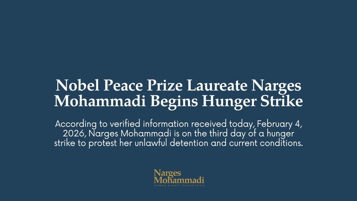 nargesfnd's tweet photo. Fifty-five days have passed since December 12, the day of Narges Mohammadi's violent arrest by security forces in Mashhad northeast Iran. 

According to credible information obtained by the Narges Foundation, the Nobel Peace Prize laureate began a hunger strike on Monday, February 2, to protest her continued unlawful detention, her dire holding conditions, and the denial of contact with her family or lawyers, realities faced by numerous prisoners currently held in Iran.

Human rights activist Sepideh Gholian and Human rights lawyer Javad Alikordi, who were also arrested on the same day after the memorial ceremony for human rights lawyer Khosrow Alikordi, remain in detention.

“As her family, we are gravely concerned for her life. She, along with all political prisoners in Iran, must be released immediately." — Kiana Rahmani, Co-President of Narges Foundation

In these harrowing days for Iran, we call upon human rights organizations, activists, and the international community to center their attention on political prisoners and implement urgent, practical measures to safeguard their lives. 

This includes those facing the imminent risk of execution, targets of state-sanctioned killing, as well as their families and all individuals who have been arbitrarily detained, forcibly disappeared, or killed.

“My mother was speaking for the executed, the killed, and the disappeared. She is incredibly brave, as are all the women and people of Iran, and I admire them all deeply.” — Ali Rahmani, Co-President of the Narges Foundation

Read Statement : https://t.co/wESyCXMMKd