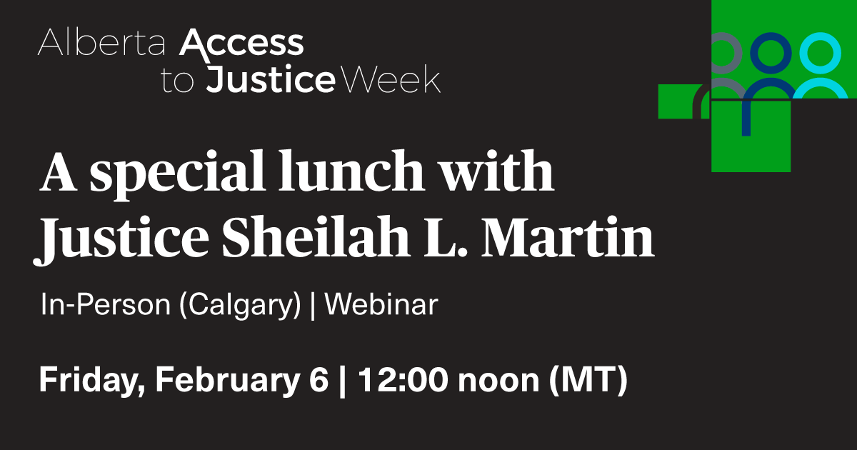 CBAAlberta's tweet photo. Justice Sheilah L. Martin explores key components of access to justice, the roles of courts and tribunals, wrongful conviction reforms, Indigenous child welfare legislation and the vital role lawyers play in access to justice. #A2JWeek
Webinar available: https://t.co/i2XZdfAwAO https://t.co/xv4YUGLBwV