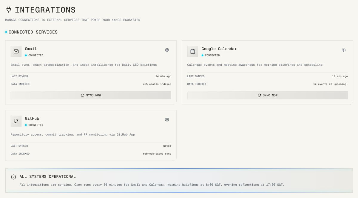amodev's tweet image. Day 47 of #BuildInPublic amoOS: Long Overdue Integrations 🚀

Finally tackled the Gmail &amp;amp; Calendar integrations today. #amoOS wasn't truly complete without them, now it has full visibility into my schedule, emails, and everything else.

This unlocks a whole new level of…