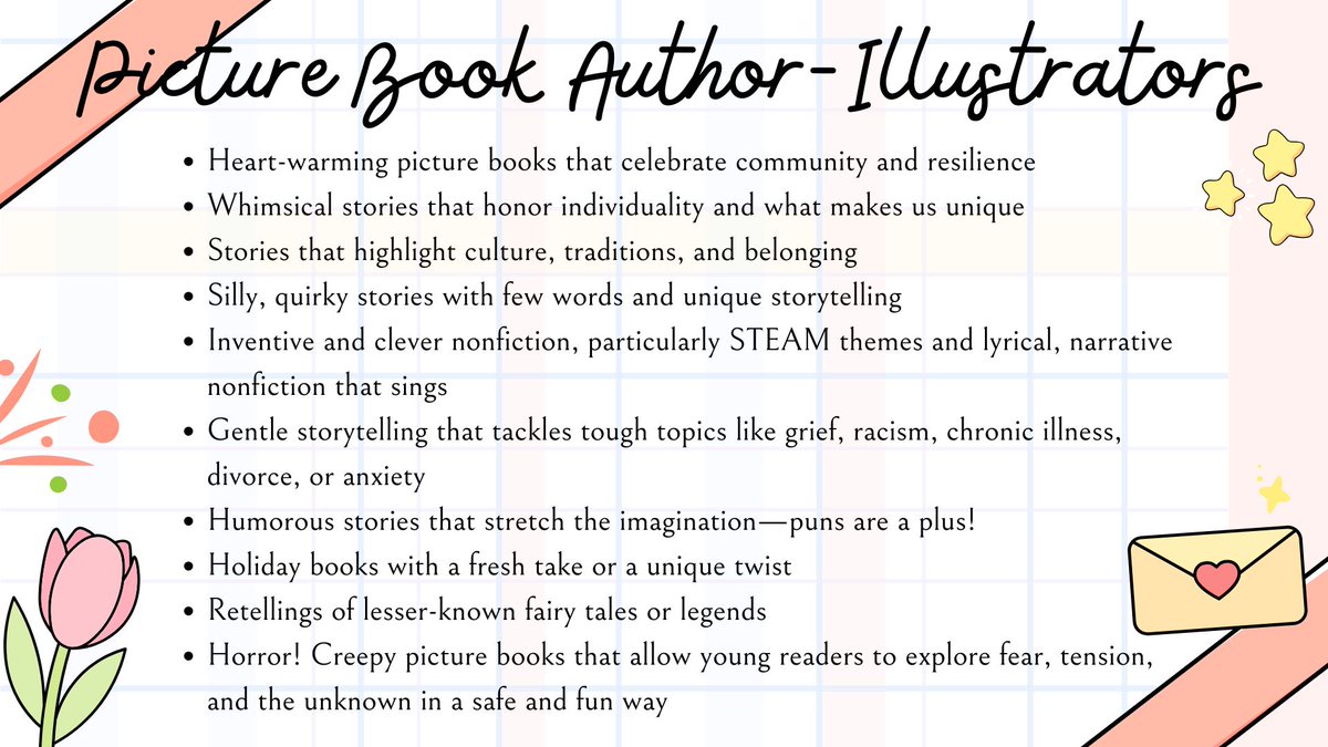 _ashleedani's tweet image. I'm open to queries! 

I'm open to:
[Illustrators]
[Picture Book Author/Illustrators]

I don't have plans to open to other age categories or genres in the immediate future, but if my plans change, I will share them on here and on my #MSWL page: manuscriptwishlist.com/mswl-post/ashl… 🖤
