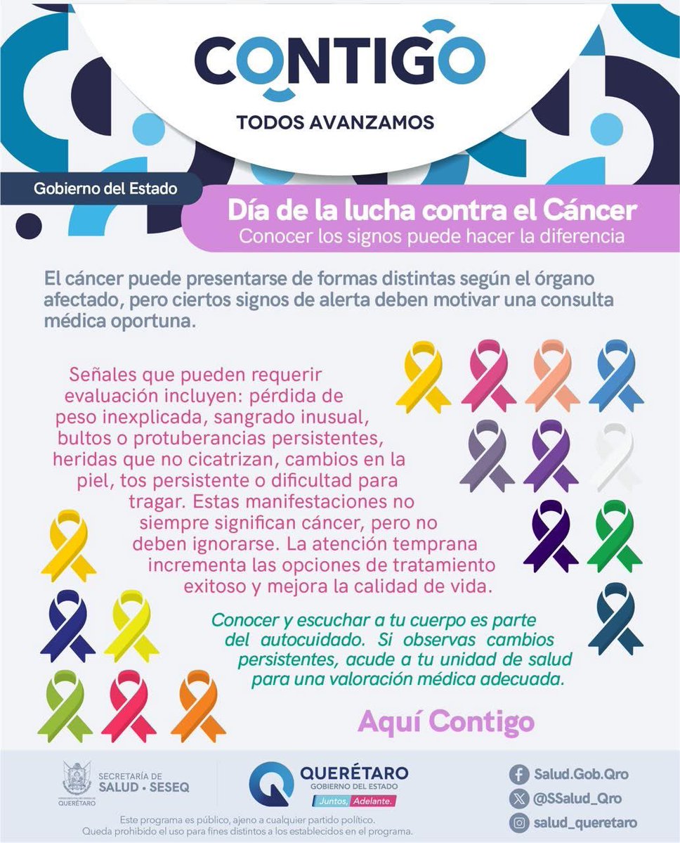 El #DíaMundialContraElCáncer nos recuerda identificar señales de alerta como bultos, sangrado o cambios en la piel y acudir a revisión médica.

#AquíContigo #DetecciónOportuna #CuidarLaSalud