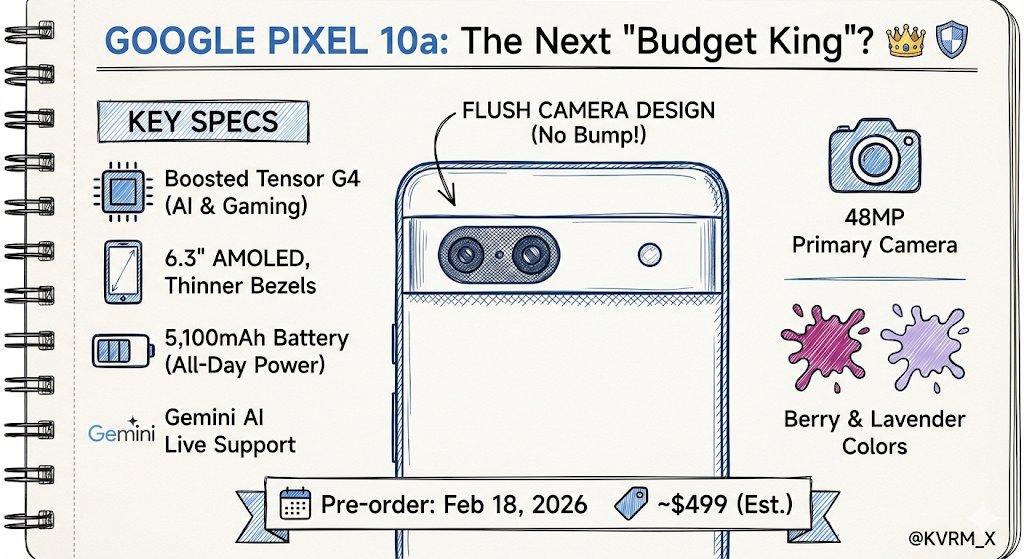 Google ने आधिकारिक तौर पर Pixel 10a को टीज़ कर दिया है।
​🔹 डिज़ाइन: इस बार कैमरा बम्प गायब है! 
🔹 डिस्प्ले: 6.3-इंच AMOLED पैनल
🔹 परफॉरमेंस: Tensor G4 चिप और 8GB RAM
🔹 बैटरी: 5,100mAh
🔹 AI पॉवर: Gemini Live का सपोर्ट 
​🗓️ Pre-order: 18 फरवरी 2026 से शुरू।