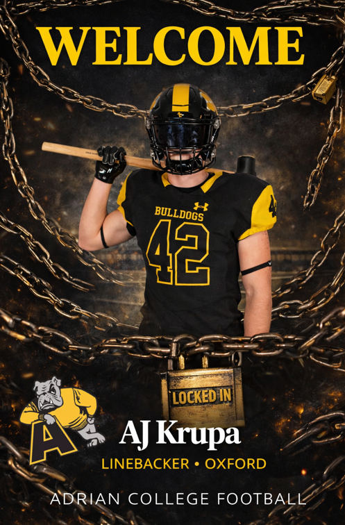 AdrianCollegeFB's tweet photo. Welcome to the Bulldog Family, @aj_krupa30 

#GDTBAB
#First25 https://t.co/TJq8bcbLxy
