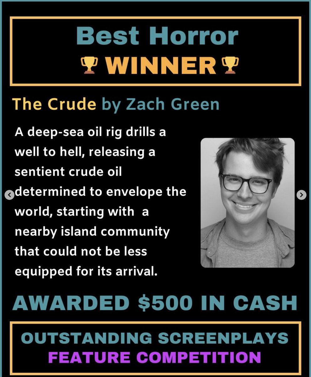 thebig_reen's tweet photo. The Crude has won BEST HORROR at @outscreenplays  ‼️ Immense thanks to this amazing judging panel of Oscar recognized producers and execs for believing in this crazy creature feature, and congrats to all the other genre winners! Humbling to be among so many amazing ideas 🙏🥹🥳❤️ https://t.co/DyZmIhzIYM