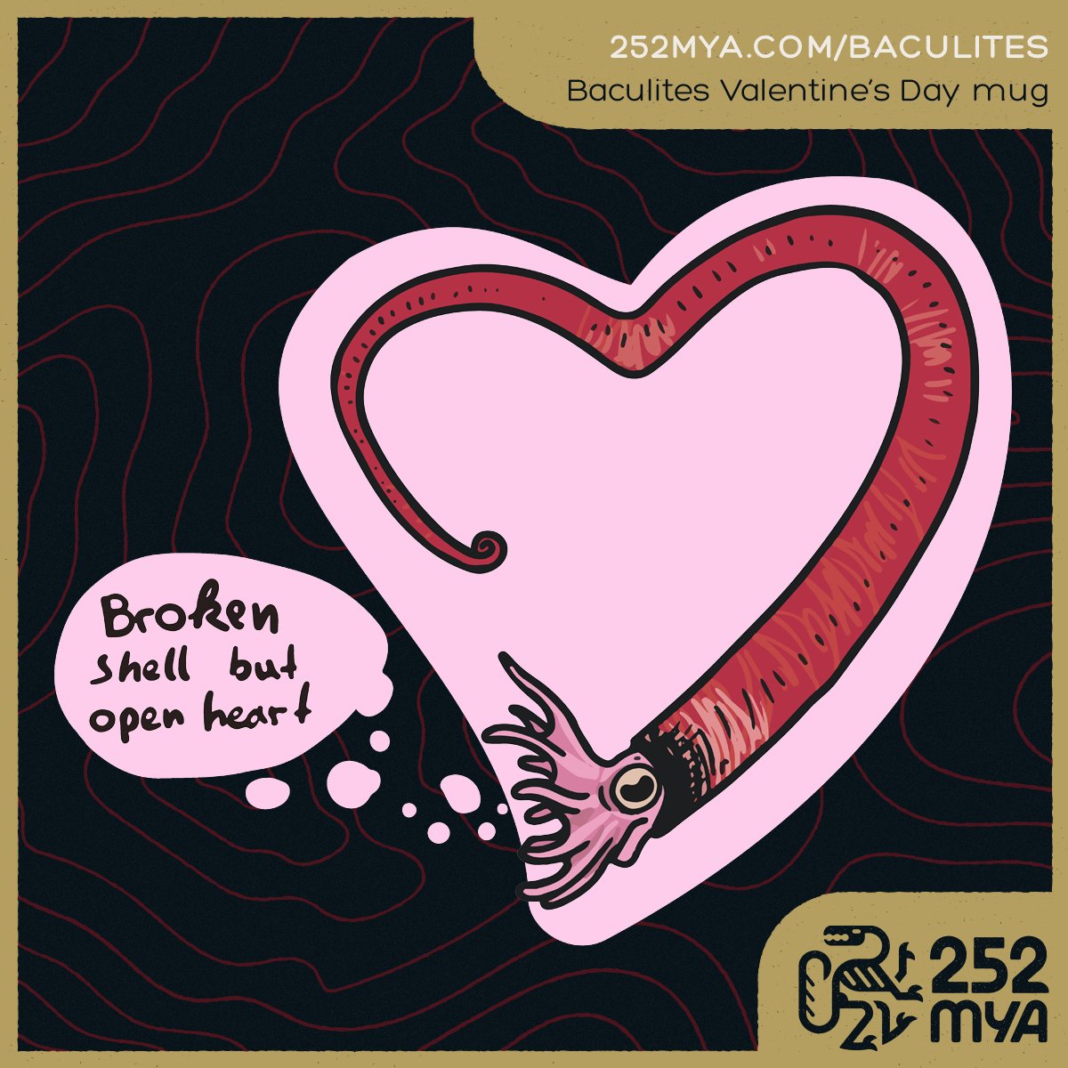 studio252mya's tweet photo. This glossy black mug features a Baculites with a damaged shell with a message reading "Broken shell but open heart." Aww. 

https://t.co/YttwTv9DTv

Art by Joschua Knüppe

#fossils #paleontology #valentine https://t.co/mDrT6S21CS