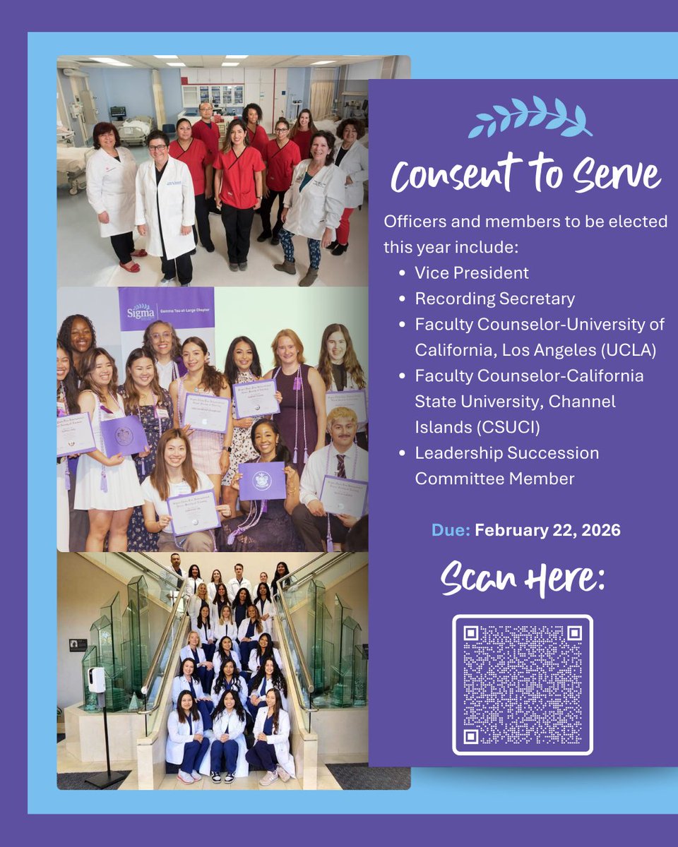 GTALofSigma's tweet photo. Interested in serving? Sigma members are invited to review the flyer and respond with consent to serve. We value your voice and leadership.   #GTALofSigma #GTALChapterofSigma #UCLA #CSUN #CSUCI #UCLAHealth #studentnurses https://t.co/rqUsv37S6O