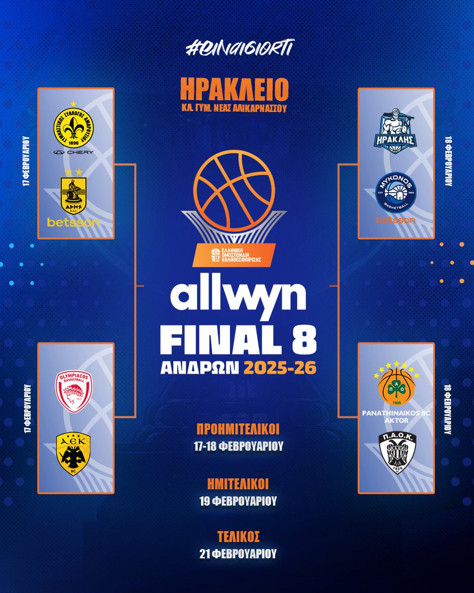 HellenicBF's tweet image. Allwyn Final 8 Κυπέλλου Ανδρών 🏆🏀🇬🇷

➡️ 17-21/02, Ηράκλειο, Κλ.Γυμ. Νέας Αλικαρνασσού 

🗓️ Το πρόγραμμα των αγώνων ⤵️

#CupHellas #ΑllwynFinal8 #Allwyn
#einaigiorti #HellenicBF 🏀