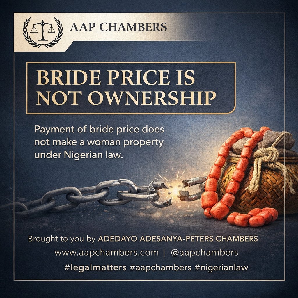 aapchambers's tweet photo. Bride price is a cultural symbol — not ownership. ⚖️
Court marriage? Bride price refund has no legal effect.
Customary marriage? Refund is not automatic.
📚 Legal Matters
#legalmatters #nigerianlaw #brideprice #familylaw https://t.co/UcpzihfNUA