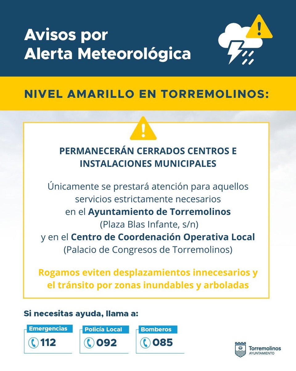 ℹ️ Tras el Comité Asesor del Plan Territorial de Emergencias, que ha decidido SUSPENDER LA ACTIVIDAD LECTIVA también mañana, jueves 5 de febrero, en Torremolinos, mantenemos las medidas adoptadas en cuanto a la suspensión de la actividad no esencial hasta las 12:00h 👇🏻