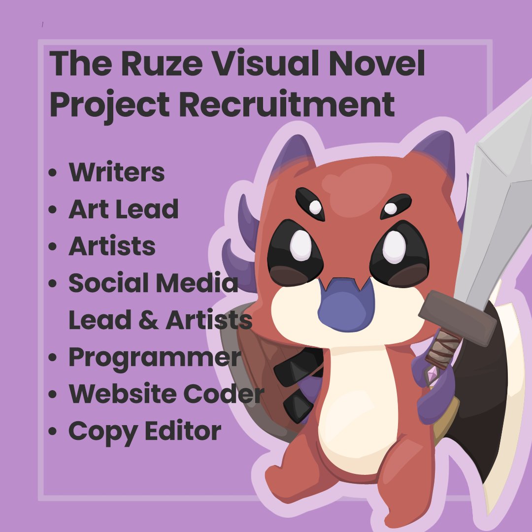 RuzeVNproject's tweet photo. 💢THE RUZE VISUAL NOVEL PROJECT RECRUITMENT OPEN 

The Ruze Visual  Novel Project is looking to fill various roles! Do you like writing,  illustrating, or coding? We'd love to have you!

💢 Apply: https://t.co/ENU31nfnb0

💢 RT GREATLY appreciated!

#crimzonmuze #holostarsen https://t.co/zBvzvvJvZd