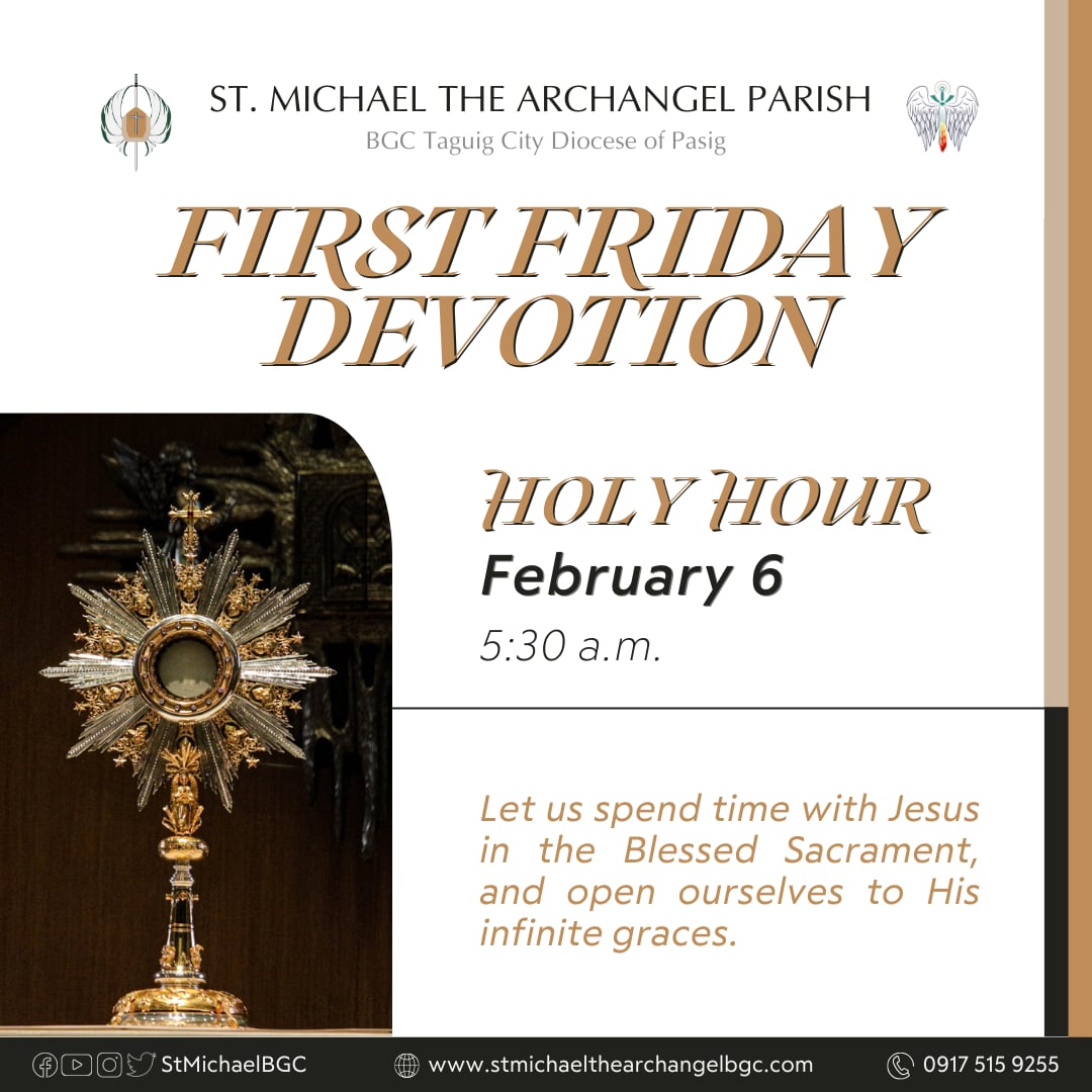 stmichaelbgc's tweet photo. ANNOUNCEMENT | First Friday Devotion
We invite all to join us on this First Friday Devotion in honor of the Sacred Heart of Jesus.

 #StMichaelTheArchangelParishBGC #bonifacioglobalcity #SMAPCommunity #BGC #saintmichaelbgc #firstfriday #FirstFridayDevotion #SacredHeart #devotion https://t.co/g6rvSgvdzM