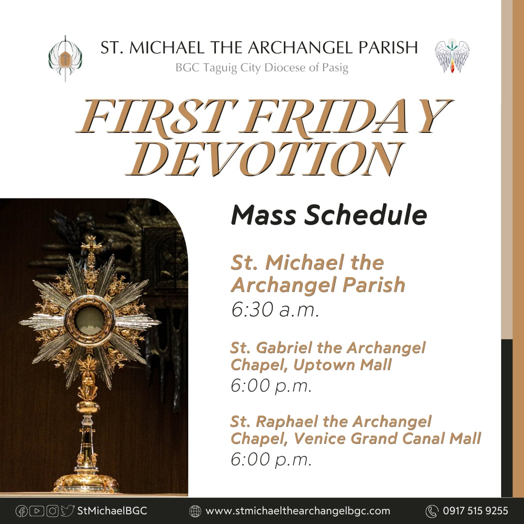 stmichaelbgc's tweet photo. ANNOUNCEMENT | First Friday Devotion
We invite all to join us on this First Friday Devotion in honor of the Sacred Heart of Jesus.

 #StMichaelTheArchangelParishBGC #bonifacioglobalcity #SMAPCommunity #BGC #saintmichaelbgc #firstfriday #FirstFridayDevotion #SacredHeart #devotion https://t.co/g6rvSgvdzM