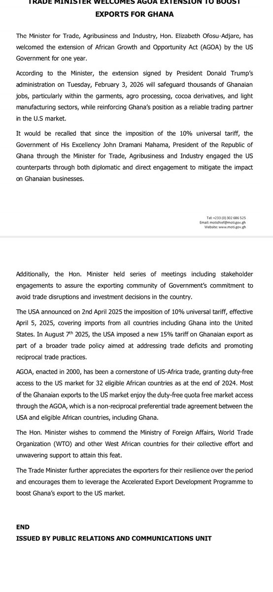 MINISTRY_MOTAI's tweet photo. PRESS RELEASE: TRADE MINISTER WELCOMES AGOA EXTENSION TO BOOST EXPORTS FOR GHANA https://t.co/msXdeq9IeO