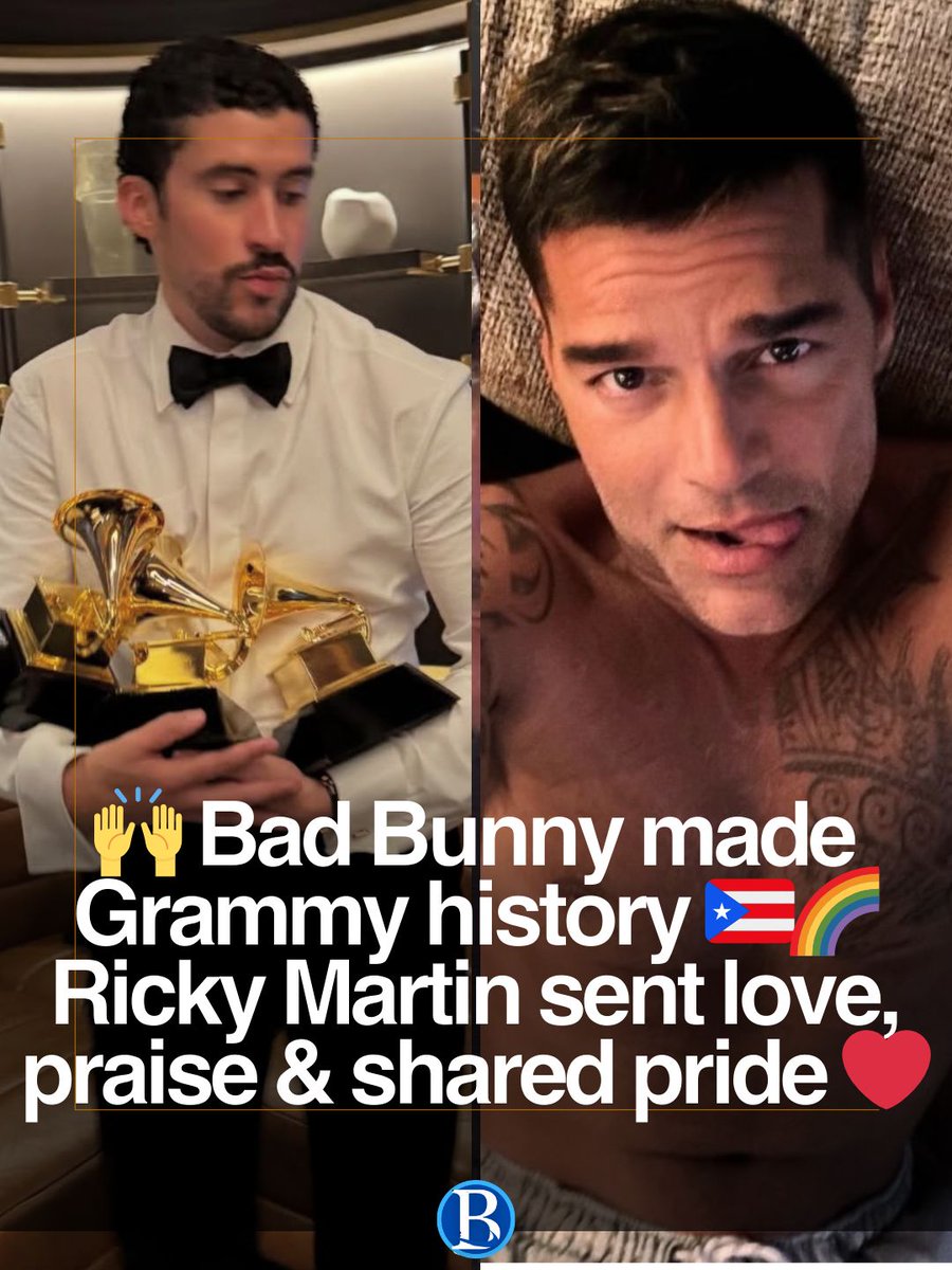 BGayCom's tweet photo. Ricky Martin wrote an emotional tribute to Bad Bunny after his historic Grammy wins, celebrating his success as a win for Puerto Rico, authenticity, and community.
#BadBunny #RickyMartin #GrammyHistory #LatinPride
#gay
📷 IG: @ ricky_martin / badbunnypr https://t.co/RZFPXyMoq0