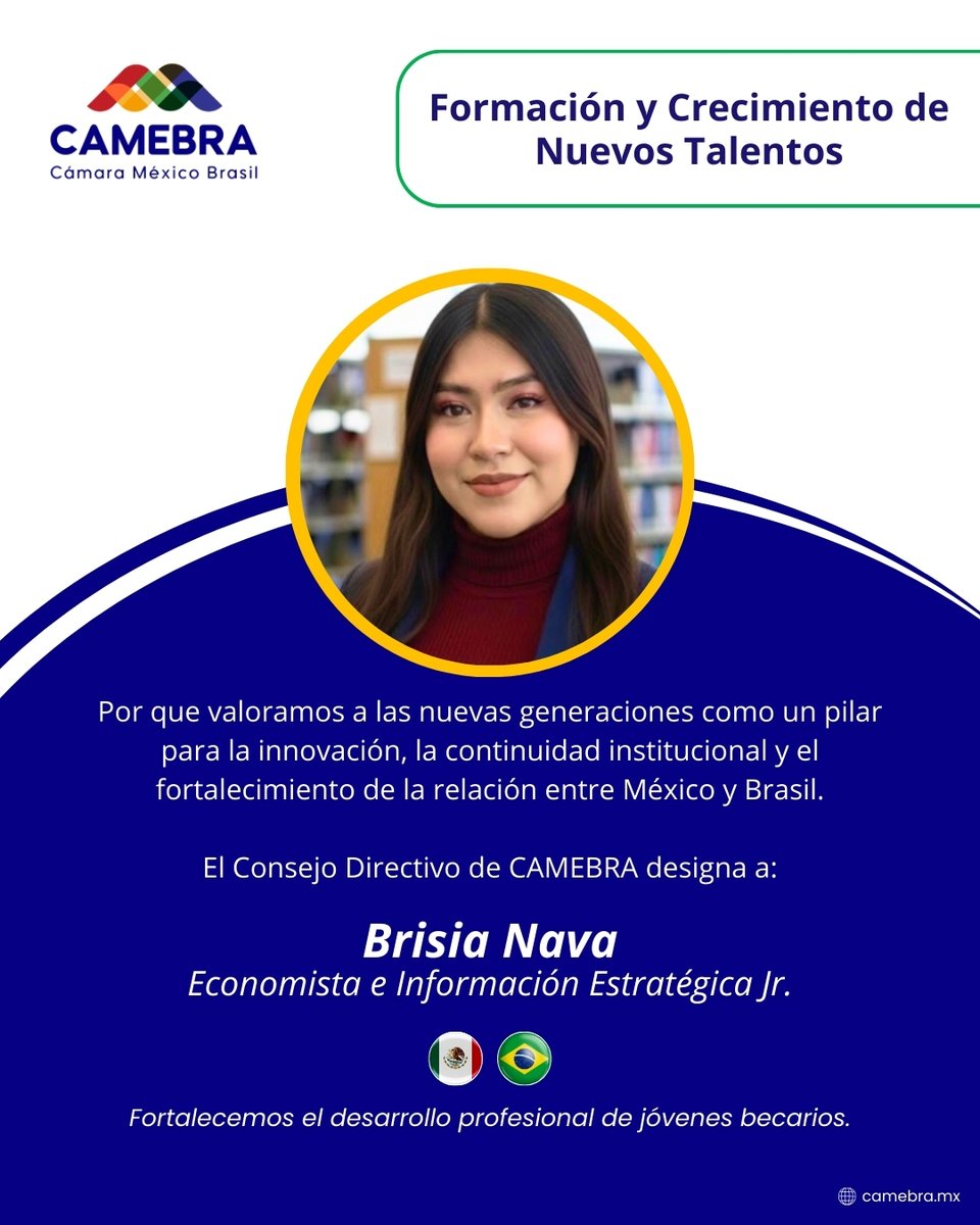 Seguimos fortaleciendo nuestro equipo con talento que aporta análisis, enfoque y nuevas perspectivas. Damos la bienvenida a Brisia Nava; confiamos en que su talento contribuirá al impulso de nuestras iniciativas entre México y Brasil. 👏🌎🇲🇽🇧🇷