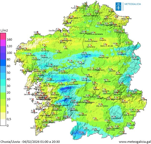 Pois hoxe unha anomalía. Na costa de Pontevedra foi o lugar onde menos precipitou e no interior de Pontevedra foi onde máis precipitou, xunto con zonas elevadas das tres provincias restantes. Mañá muda o asunto e no litoral veremos moita máis precipitación.
