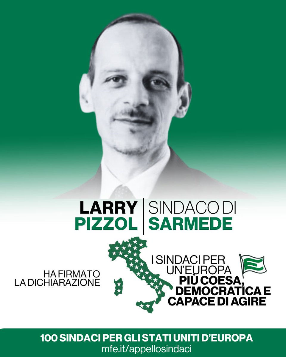 MOVFEDEUROPEO's tweet photo. Larry Pizzol, sindaco di Sarmede -TV-, ha aderito alla campagna “100 Sindaci per gli Stati Uniti d’Europa” promossa dal MFE.
✍️ Sei un Sindaco e ti riconosci nei nostri valori e messaggi politici? Scopri come aderire all'iniziativa e firma l'appello: https://t.co/WrC1JOYoz3 https://t.co/zCepBSAuJr