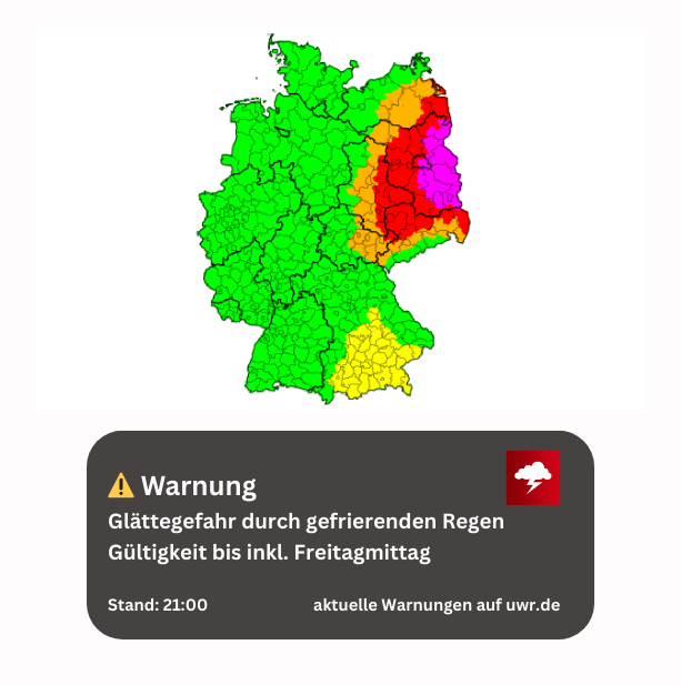 Wer heute Nacht oder morgen im Osten von Deutschland unterwegs ist: Vorsicht. ⚠️🧊

Gefrierender Regen macht Straßen in Brandenburg, Sachsen, Berlin &amp; MV spiegelglatt. Die Lage bleibt bis Freitagmittag angespannt.

Aktuelle Warnungen: 👉 uwr.de