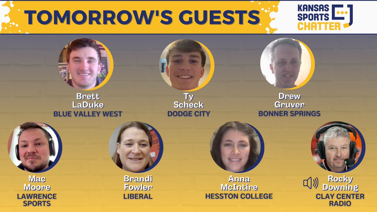 On tomorrow's show...

- <a href="/Brett_LaDuke/">Brett LaDuke</a> - <a href="/BVWFOOTBALL/">BVW Football</a> 🏈
- <a href="/TyScheck/">Ty Scheck</a> - <a href="/RedDemonSports/">Dodge High Forever</a> 🏈
- <a href="/coachdgruver/">Drew Gruver</a> - <a href="/BSHSHoops/">Bonner Springs Basketball</a> 🏀
- <a href="/bigmac_nocheez/">Mac Moore</a> - <a href="/LKS_Sports/">Lawrence Sports</a> 
- <a href="/BFowler3245/">Brandi Fowler</a> - <a href="/LadyRedBasketb3/">LadyRed Basketball</a> 🏀
- Anna McIntire - <a href="/HesstonWBB/">Hesston College Women's Basketball</a> (<a href="/FSHSGIRLSBBALL_/">Free State Girls Basketball</a>)
- 📻🗣️ from <a href="/sportvoicerocky/">Rocky Downing</a>