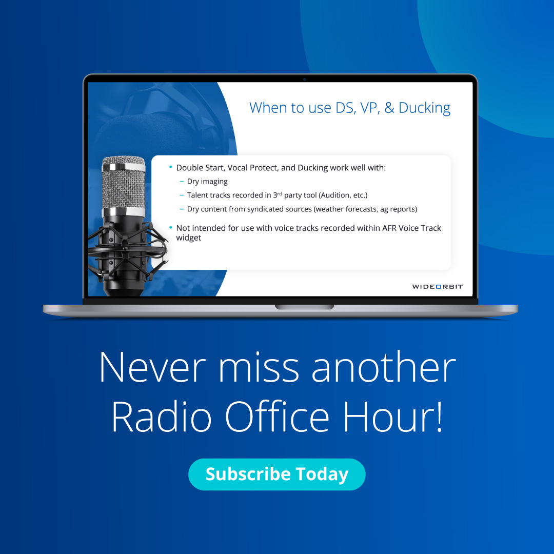 Missed February’s Radio Office Hour? 

We covered Vocal Protect, Double Start, and Ducking, three settings that help keep voices clear and properly aligned with music.

Sign up for our Radio Newsletter and get the tip of the month straight to your inbox. ow.ly/rs8l50Y906X