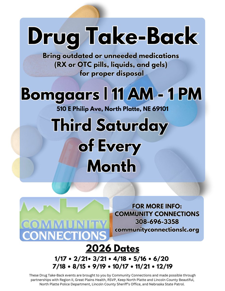 Mark your calendar to join us on Feb 21st! Take a simple step toward a safer home by clearing out unused or expired meds. Join us at our free, safe, &amp; anonymous Drug Take-Back Event every 3rd Sat, 11 AM–1 PM at NP Bomgaars.
#PreventionMatters #HealthyChoices #SafetyStartsWithYou