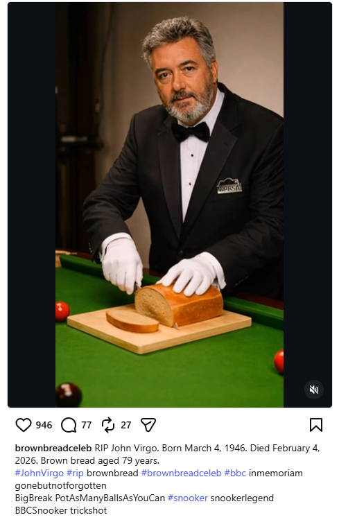 just been recommended a slop account on instagram that announces recent celebrity deaths with ai-generated videos of them slicing up a loaf of bread