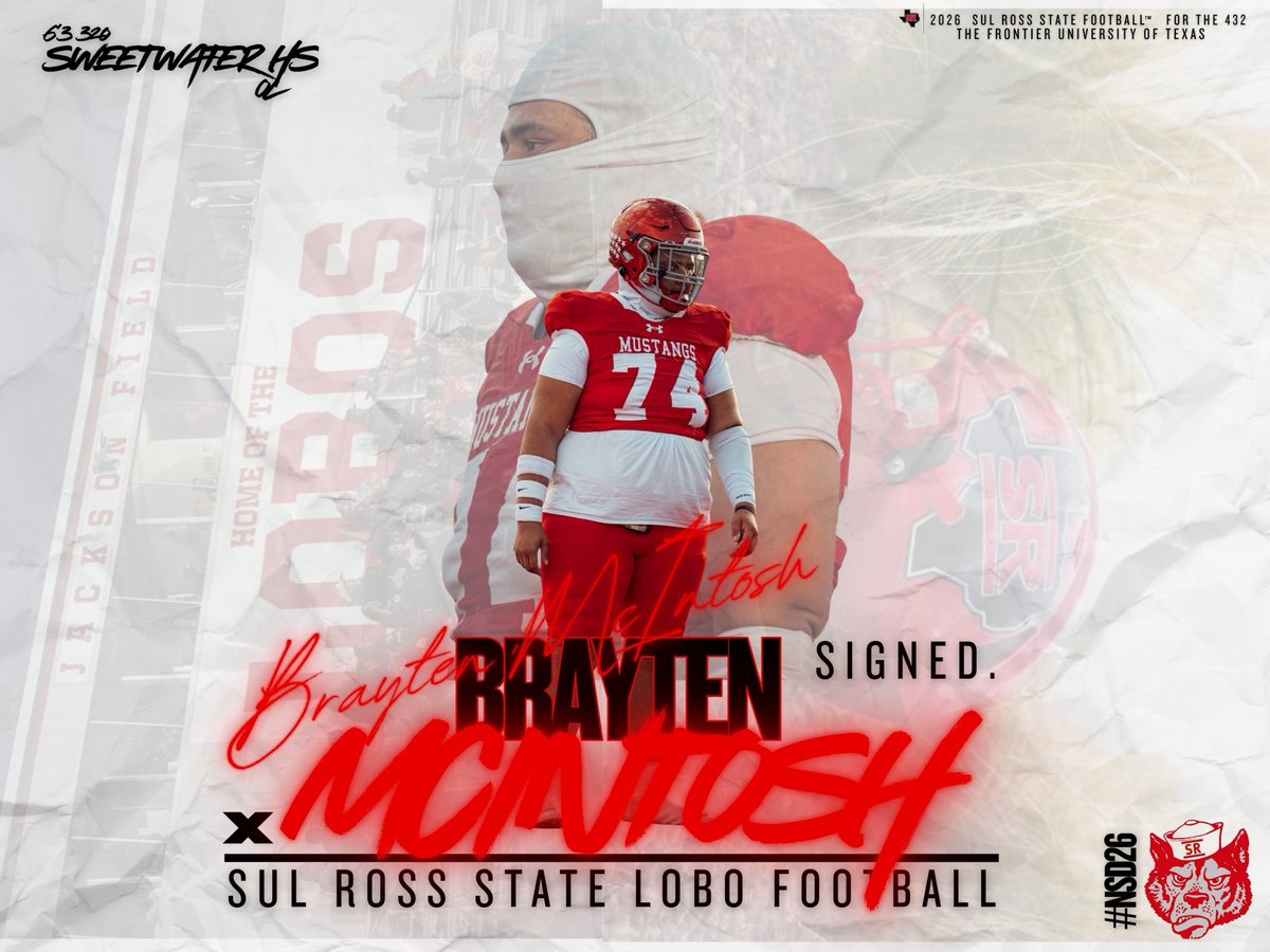 🚨SIGNED: WELCOME TO THE PACK🚨

🐺Brayten McIntosh: OL
📍Sweetwater, Texas
📚Sweetwater Highschool

#NSD26 | #BrandEm