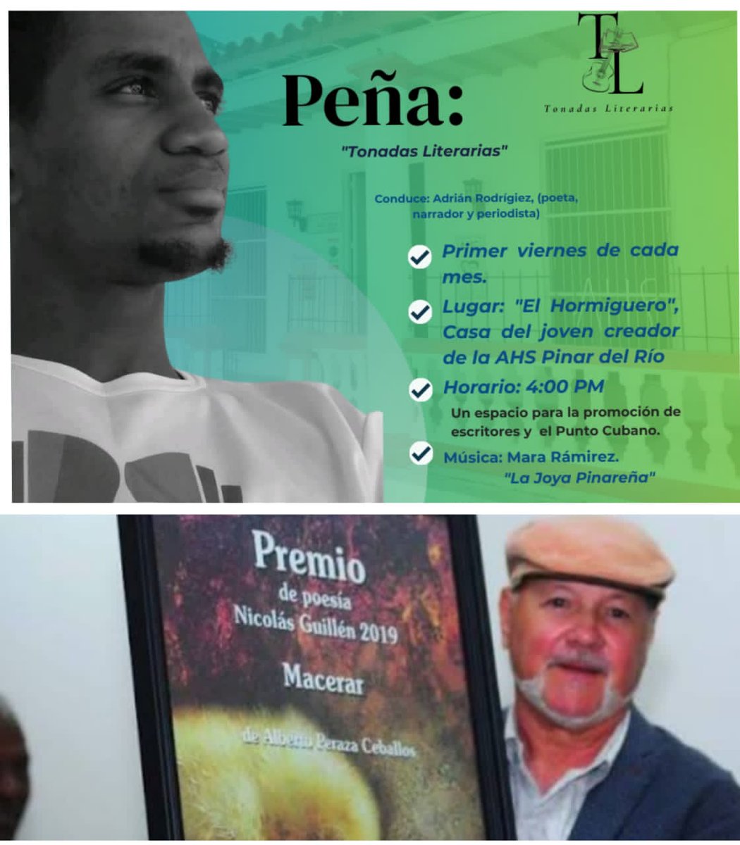 📚 Regresa este viernes la peña "Tonadas literarias" a nuestra #CasadelJovenCreador

📌 Invitado: El poeta y escritor para niños Alberto Peraza Ceballos

⌚ 2:00 pm

👉 Conduce: Adrián Rodríguez 
👉Música: Mara Ramírez (La Joya Pinareña) y Luciano Lorenzo
<a href="/ahsjovenescuba/">Asociación Hermanos Saíz</a>
#AlmaAHS