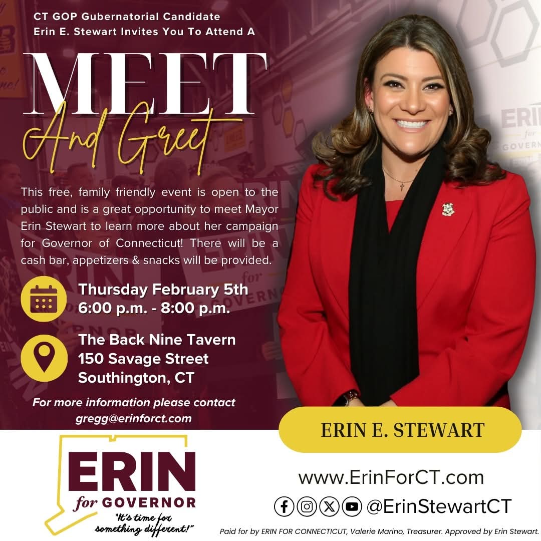 erinstewartct's tweet image. Southington, I'm headed your way! 

I will be at the Back Nine Tavern TOMORROW from 6pm to 8pm for an Erin for Connecticut Meet &amp;amp; Greet event. If you live in the area I'd love it if you'd make time to stop by and learn more about my campaign for Governor of #Connecticut . I hope