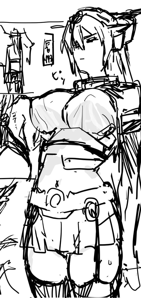 やっぱり長門さん改二前の服が一番えちーで好き........もっと胸おっきくしたいですけど....脱いだらでか長くなるのありかなあ.....(絵はネーム) 