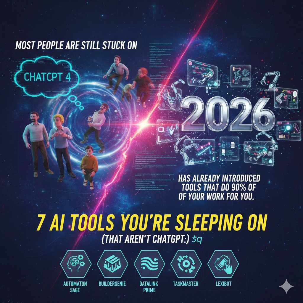 FuadMahyoub's tweet photo. AI is moving so fast that most people are still stuck on ChatGPT 4. Meanwhile, 2026 has already introduced tools that do 90% of your work for you. Here are 7 AI tools you’re sleeping on (that aren’t ChatGPT): 🧵. https://t.co/40c1j8lV0q