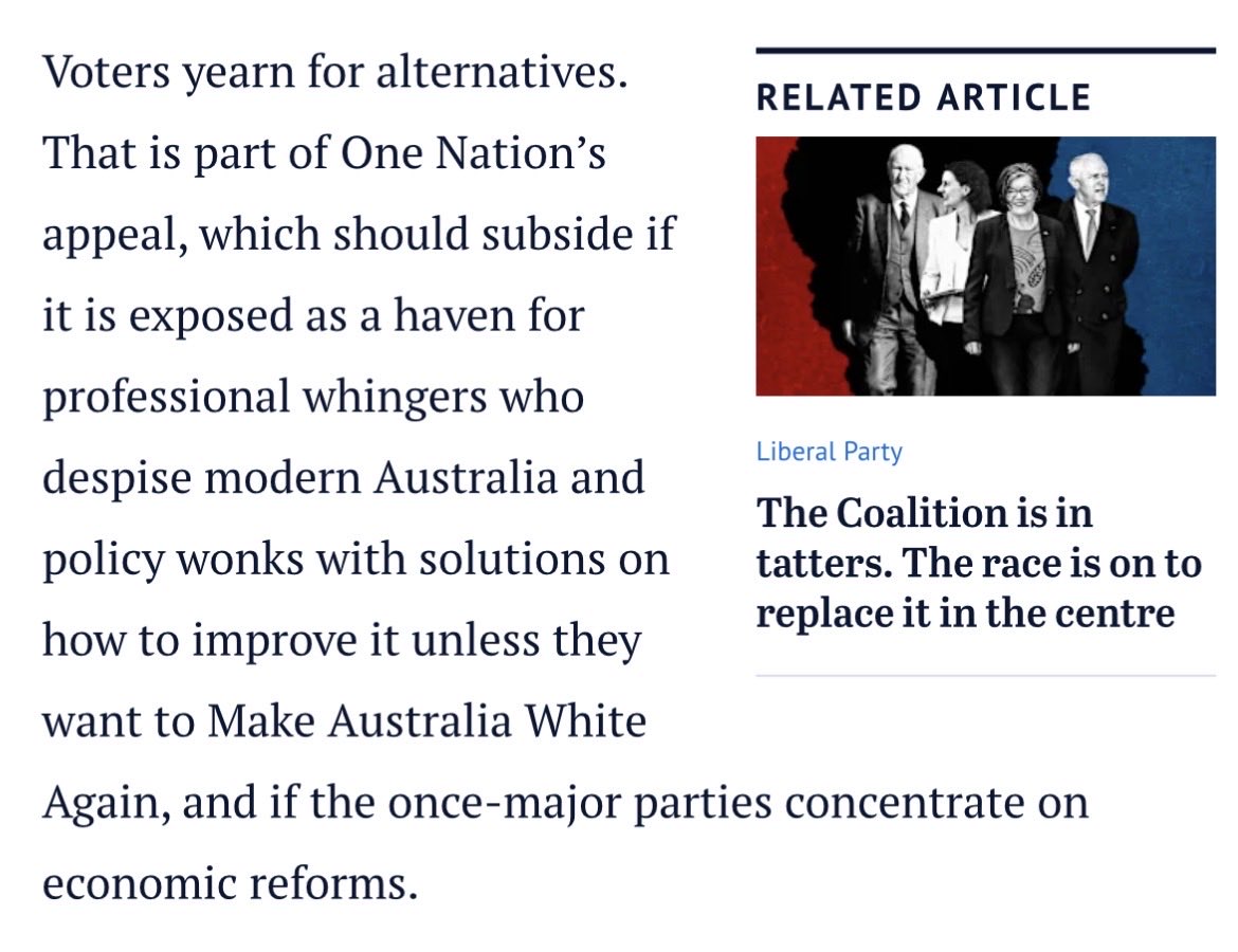 When Niki Savva says One Nation’s appeal is “Make Australia White Again,” believe her. That's the project. 

And if that offends you, good. It should.