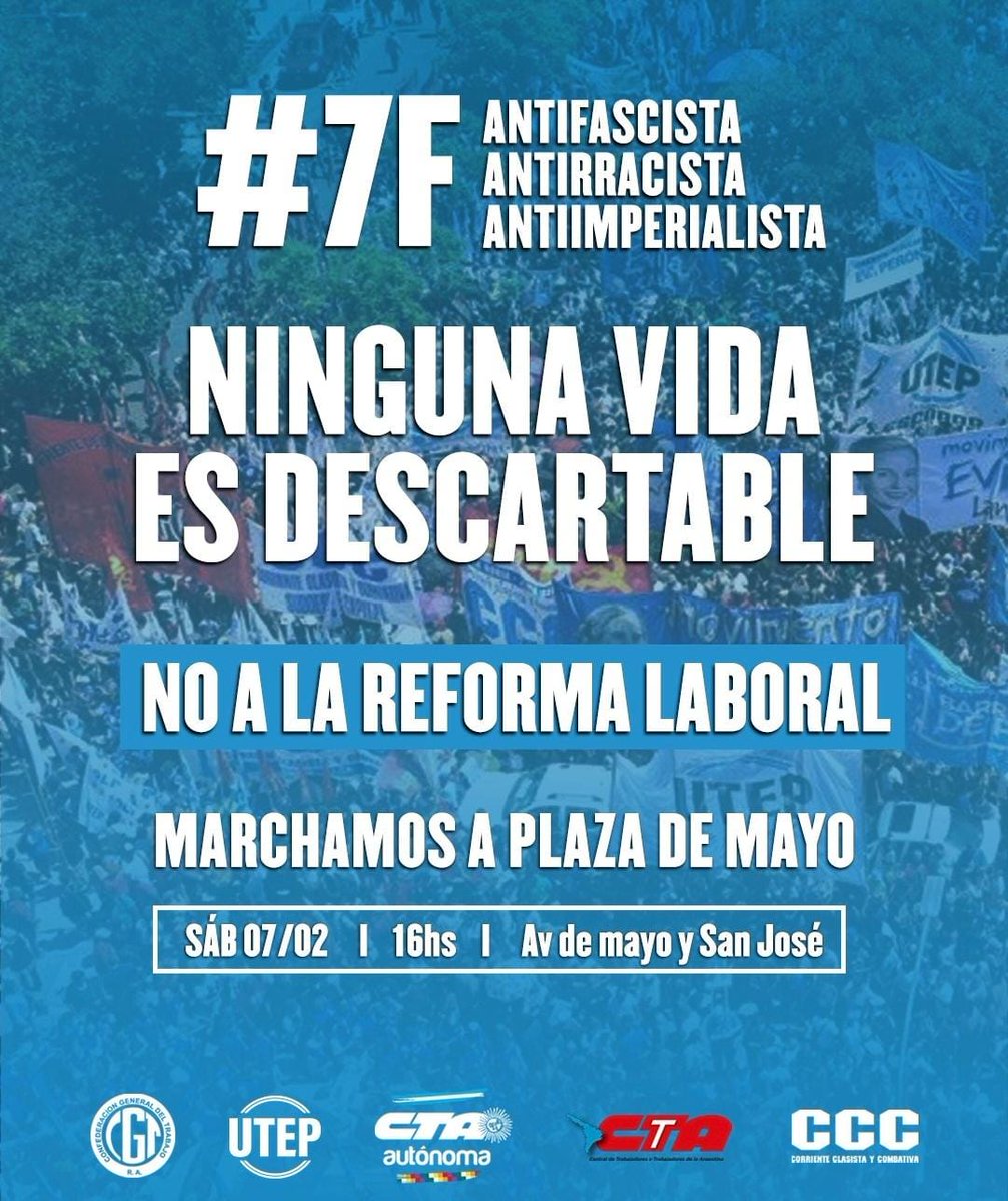 Lxs trabajadorxs en unidad convocamos a movilizarnos 🚇📣

📆 7 de febrero
Marchamos a Plaza de Mayo
🕓16hs.
📍Av. de Mayo y San José 

NINGUNA VIDA ES DESCARTABLE
NO A LA REFORMA LABORAL
#7F Antifascista-Antirracista-Antiimperialista

Secretariado Ejecutivo