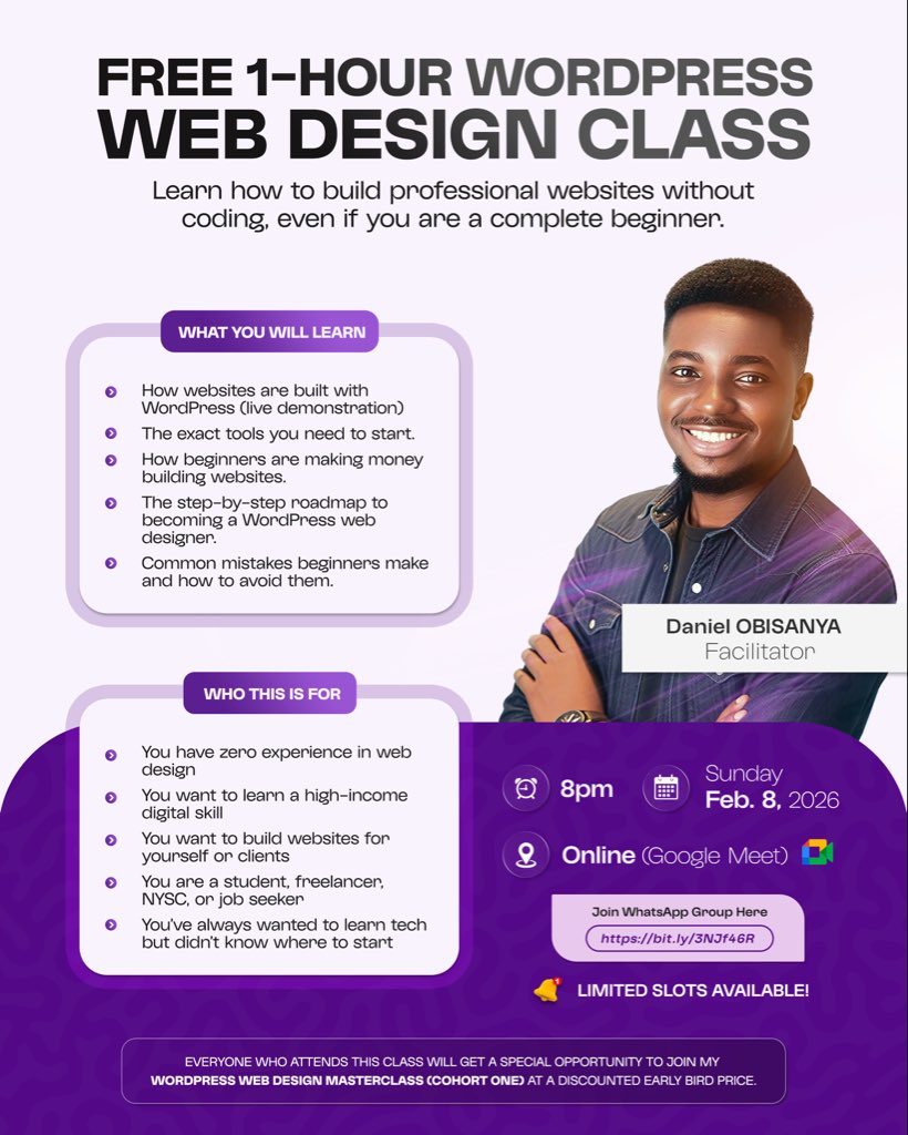 DanielIfeo39858's tweet photo. Hello guys 👋
I’m organizing a WordPress Masterclass, and I’m hosting a free 1-hour live class to give you a clear idea of what you’ll learn in the full program.
If you’ve ever wanted to learn WordPress web design, this is a great place to start : https://t.co/fQPokTlBWT https://t.co/gsHoL5qWCS