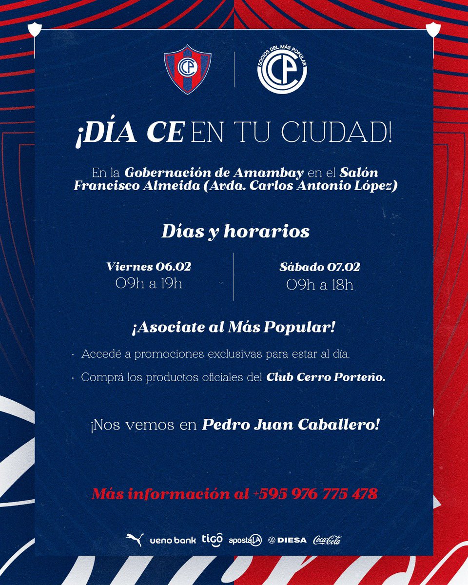 🚨 ¡Atención PJC! 💙❤️

🌪️ El #DíaCE llega a la terraza del país con el equipo de Socios del Más Popular, para que puedas asociarte y renovar tu compromiso con la pasión que nos une.

Además, encontrarás productos exclusivos para los #SociosDelMásPopular 

🙌🏻 ¡Te esperamos! 🔵🔴
