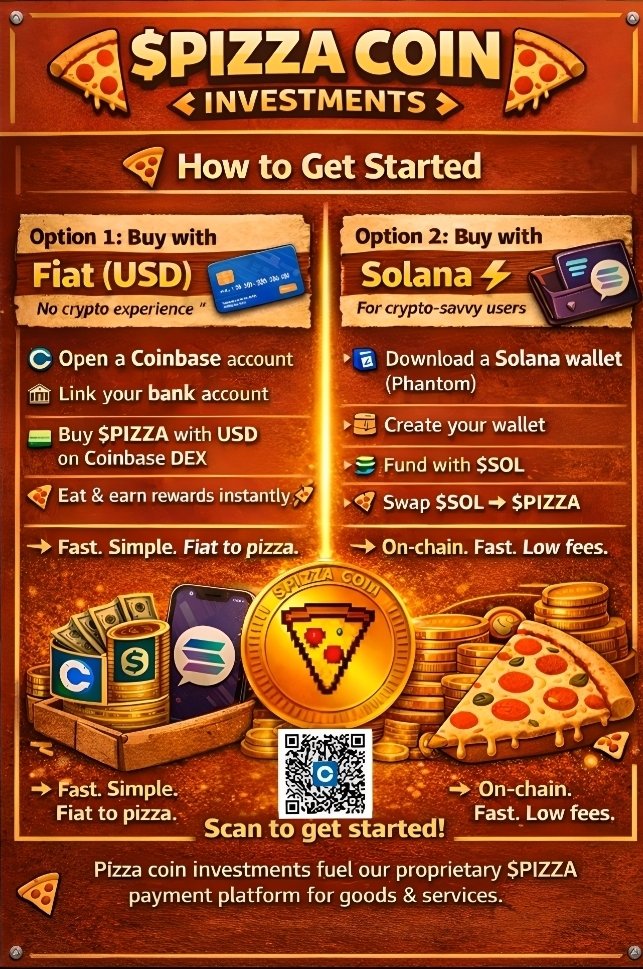 The future of food finance is here 🍕

$PIZZA is built for compliance under the CLARITY Act framework, our platform offers secure, near-zero fee payments &amp; instant rewards!

Start Earning

​Buy on @Coinbase DEX

​PizzaBit.io

Start earning! 

$SOL $BTC $XRP $ETH $DOGE