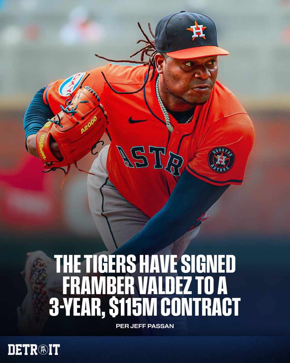 BREAKING: The Tigers are in agreement on a three-year, $115 million contract with Framber Valdez, per <a href="/JeffPassan/">Jeff Passan</a>