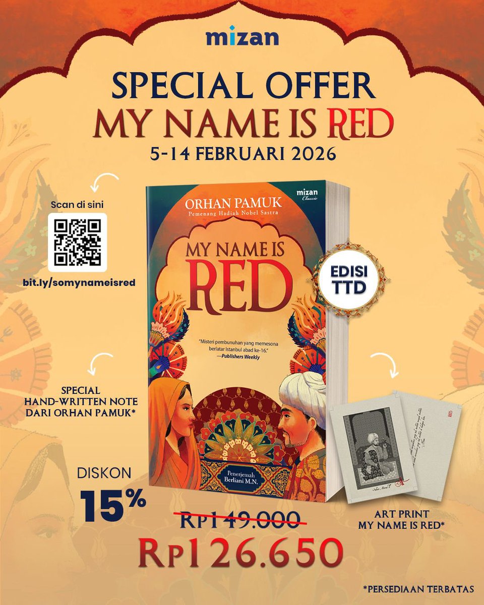 Hehehehe baiik.

Guys, kalian harus banget dapet yang versi ttd, soalnya notes Orhan Pamuk tuuh gemes bangeet. Waktu baru sampai ke redaksi, kami semua sampai kaget banget! Ya kan, Miiinziii?!?!?! <a href="/PenerbitMizan/">Penerbit Mizan Pustaka</a> 🥹
