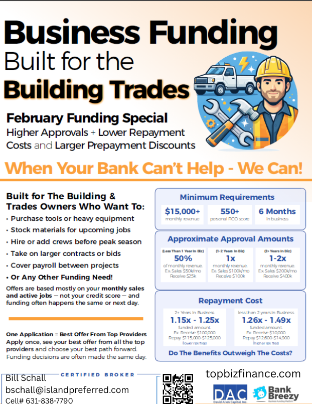 billschall's tweet photo. Building Trades this is your month.  Get preferred funding in the February 2026.  One Applicant Best Offer.  See the requirements in the attached flyer.  Apply today scan the QR code or go to the link on the flyer. https://t.co/mfoQqon4ZW