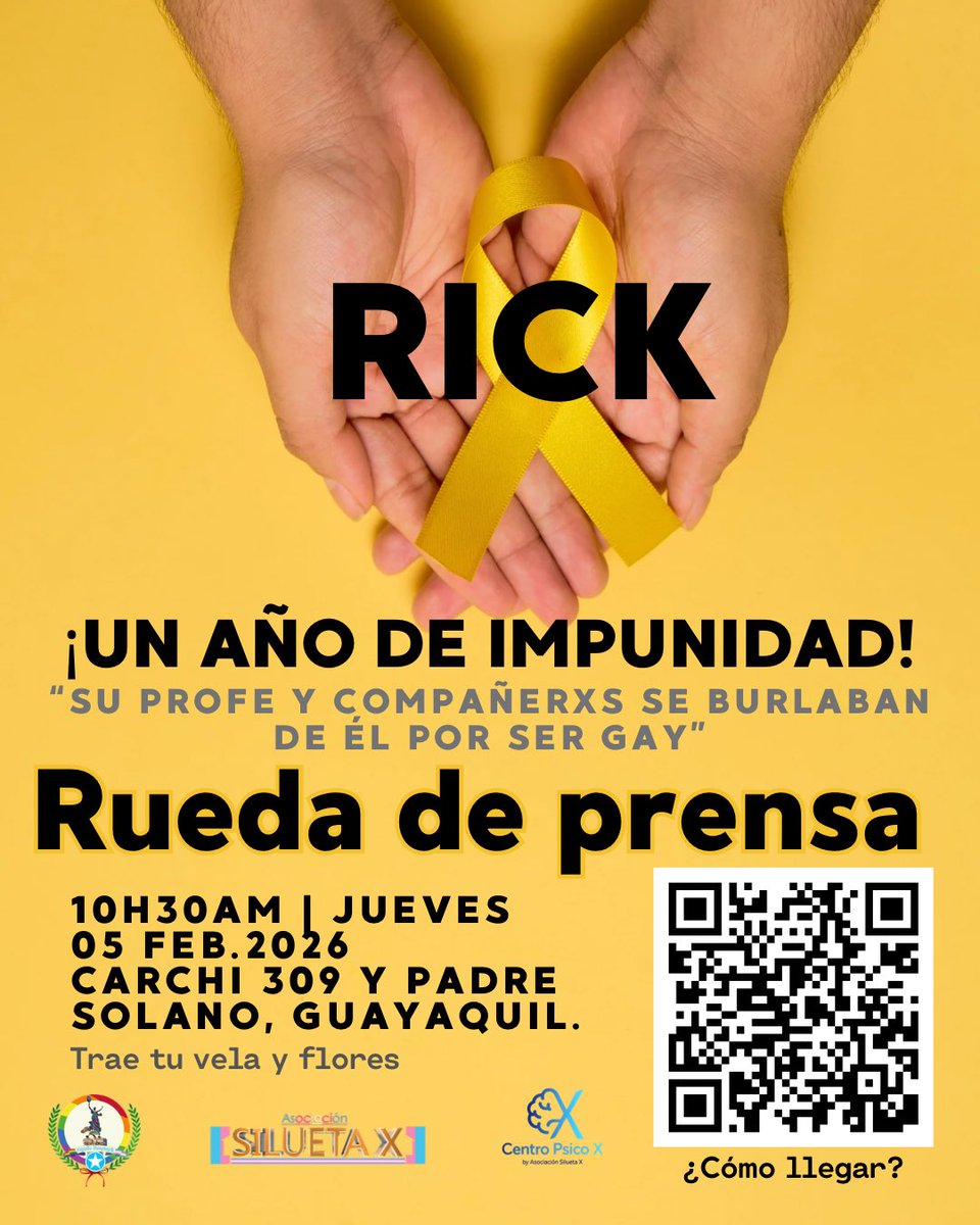 🕯️💛 RICK: 1 AÑO DE IMPUNIDAD 💛🕯️

Hace un año, Rick no resistió más.
La violencia, el bullying y la burla por ser gay lo empujaron al límite… y el sistema de <a href="/Educacion_Ec/">Ministerio de Educación, Deporte y Cultura</a> simplemente lo dejó morir.

💛 Acompáñanos.

Por Rick.