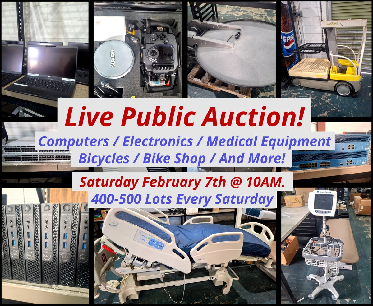 Computers, Electronics, Medical Equipment, Bicycles, Bike Shop Supply, and More!
📆Saturday February 7th @ 10AM
📍Location - 4911 S. 50th Street, Tampa 33619
🔗TampaLiquidation.com
* Preview Friday February 6th: 9AM-5PM and Saturday 8AM.
* Complete Inventory will be posted on