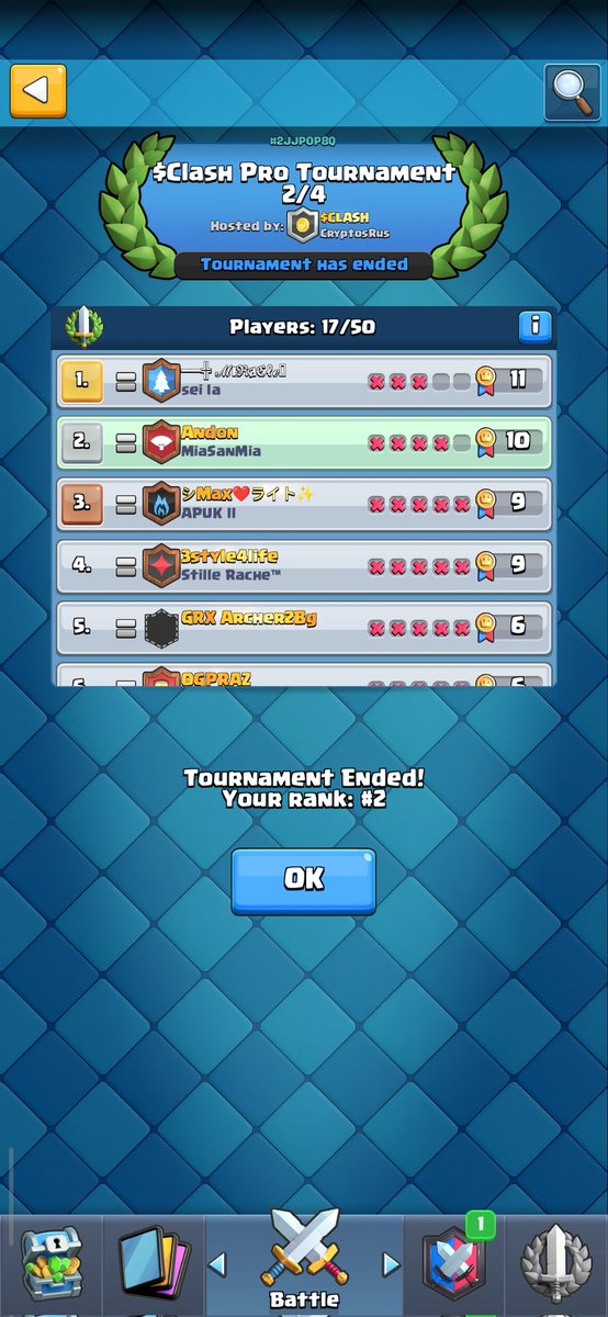 andonsw's tweet photo. I finished #2 in a $CLASH Royale tournament created by @GeorgePlayClash 🐐
Can't wait for the next week to play again!
https://t.co/67UUA7YG8T https://t.co/gqpJSqnkOY