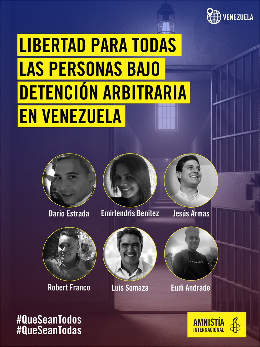 Liberen ya a todas las personas detenidas de forma arbitraria en Venezuela 

Libertar para Jesús Armas
Libertad para Emirlendris Benitez
Libertad para Darío Estrada
Libertad para Robert Franco 
Libertad para Luis Somaza
Libertad para Eudi Andrade

Libertad para todos los presos